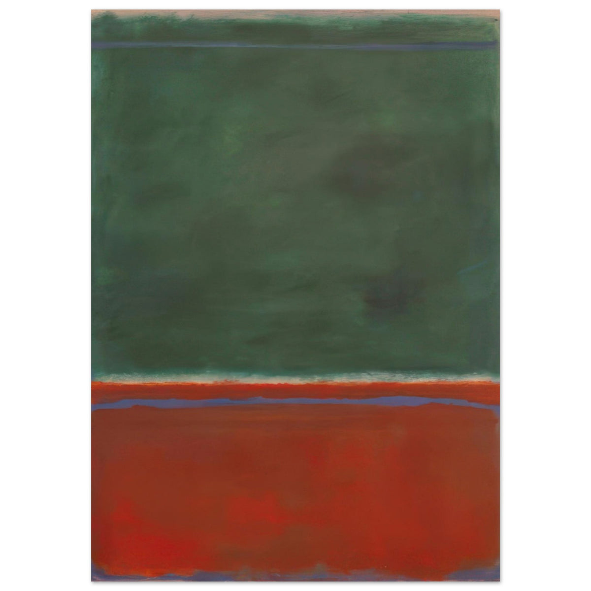 Mark Rothko abstract art poster featuring a deep forest green upper colour field, burnt orange and rust-red lower field, and subtle lavender-blue accents in a minimalist Color Field composition.