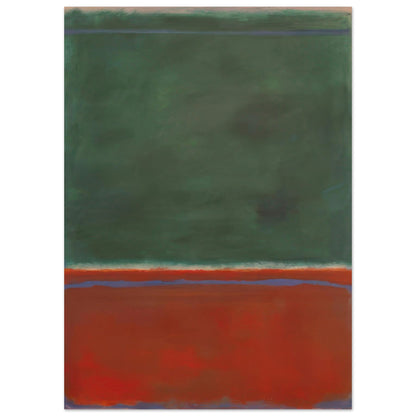 Mark Rothko abstract art poster featuring a deep forest green upper colour field, burnt orange and rust-red lower field, and subtle lavender-blue accents in a minimalist Color Field composition.