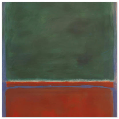 Mark Rothko abstract art poster featuring a deep forest green upper colour field, burnt orange and rust-red lower field, and subtle lavender-blue accents in a minimalist Color Field composition.