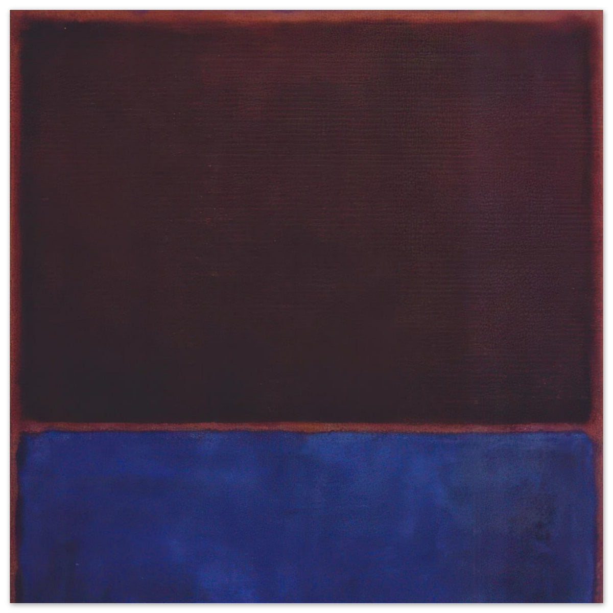 Mark Rothko abstract art poster featuring a deep burgundy and dark red upper colour field above a rich cobalt blue lower field, with subtle reddish edges in a minimalist Color Field composition.