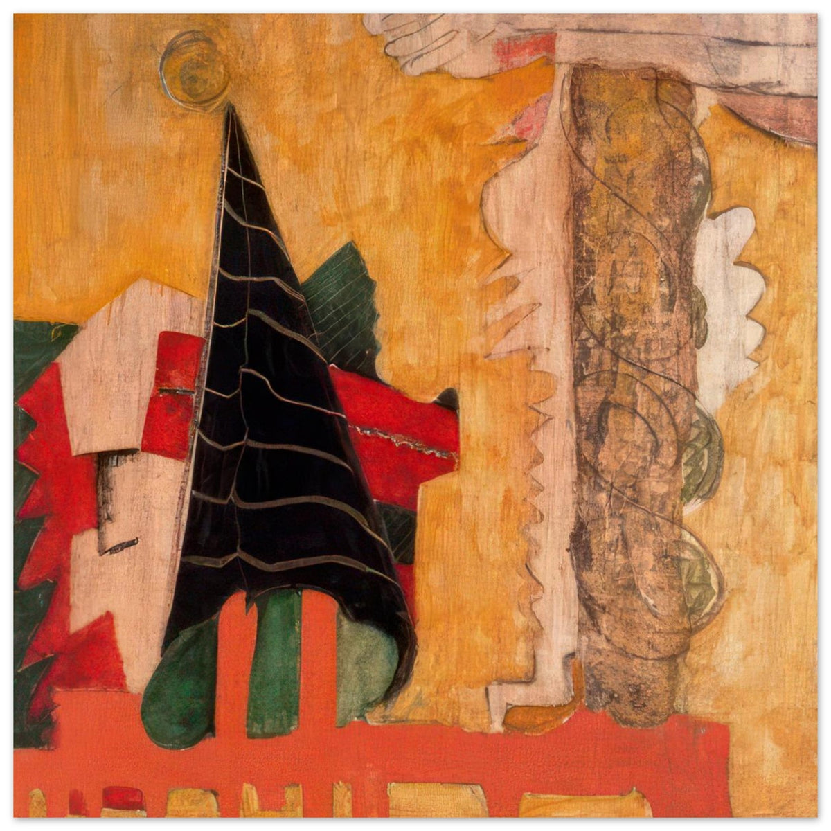 Mark Rothko abstract painting featuring bold red and green geometric shapes, a tall black triangular form and textured earthy tones on an ochre background.