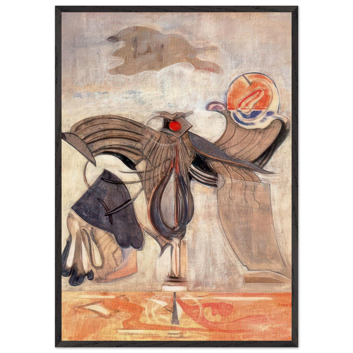 ark Rothko abstract figurative painting featuring surreal organic shapes, curved lines, earthy brown tones, and orange accents on a light background, framed modern art print