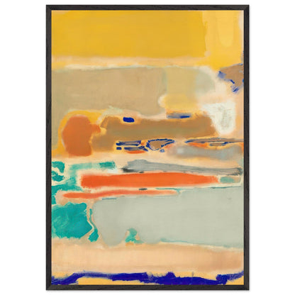 ark Rothko abstract painting featuring vibrant yellow, orange, turquoise, and cobalt blue brushstrokes with layered cream and beige color fields in a black frame.