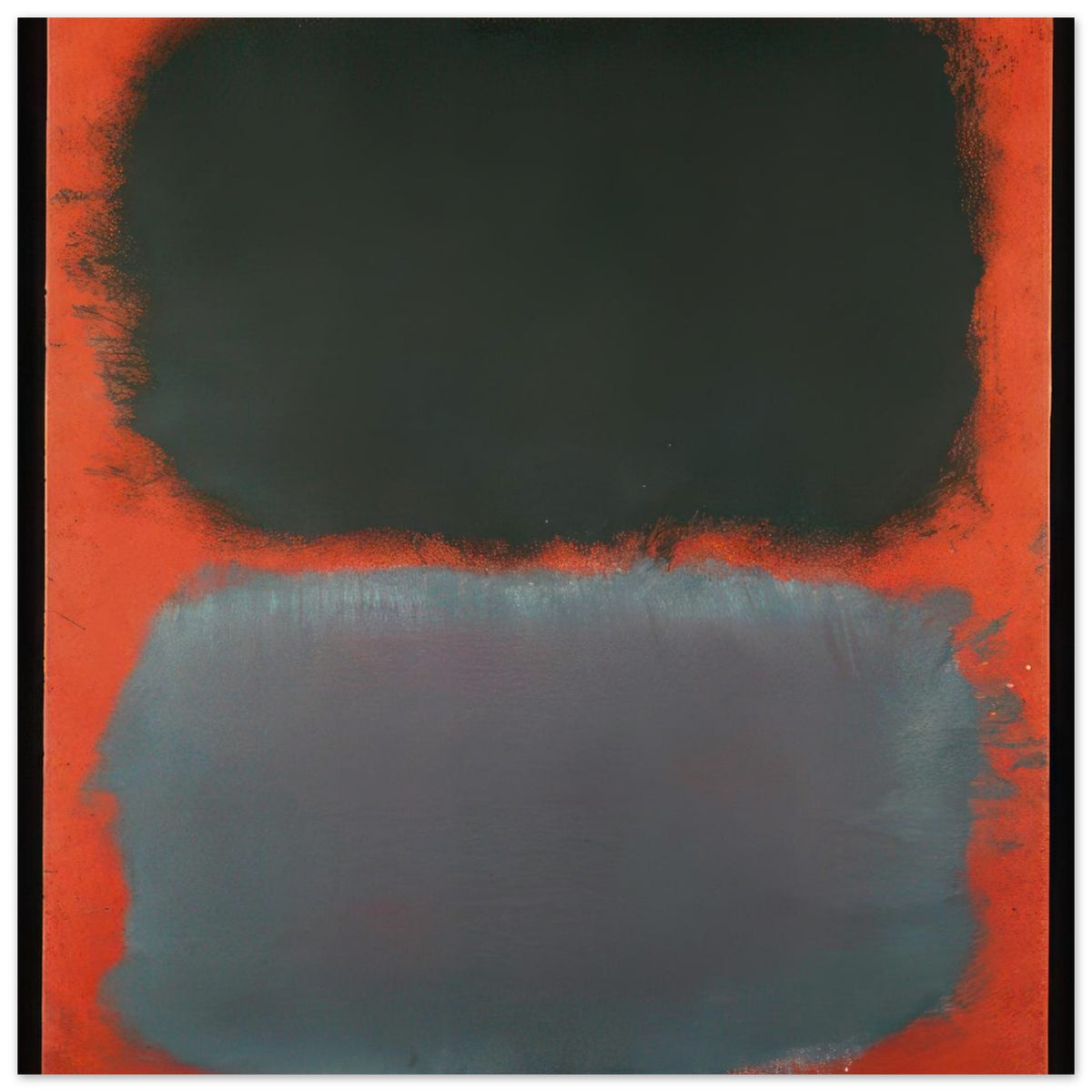 Mark Rothko abstract color field painting featuring a large black upper block, a soft grey-blue lower field, and a vivid red-orange background