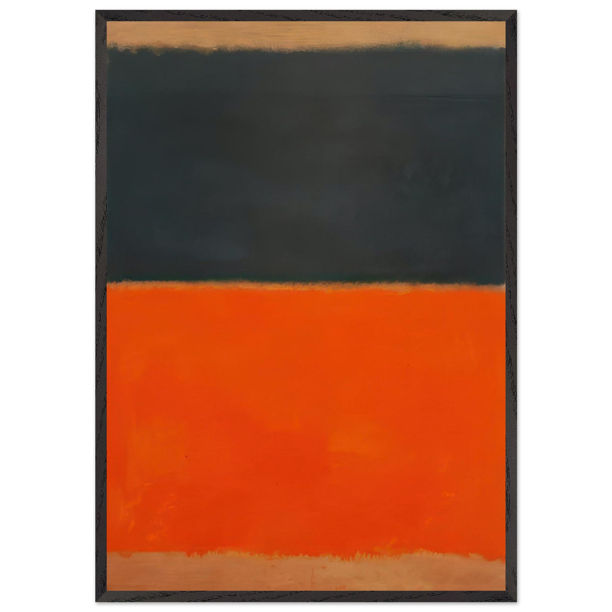 Mark Rothko abstract color field painting featuring a dark charcoal upper section and vivid orange lower section with soft beige borders, framed modern wall art print.