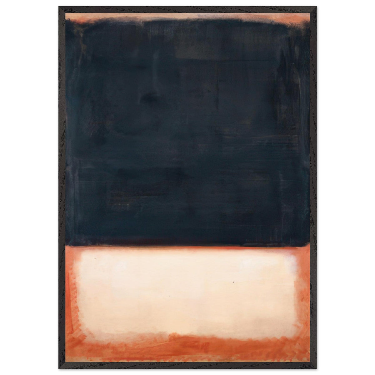 Mark Rothko abstract art print featuring a deep navy-black upper field and a warm ivory-white lower rectangle with burnt orange edges.