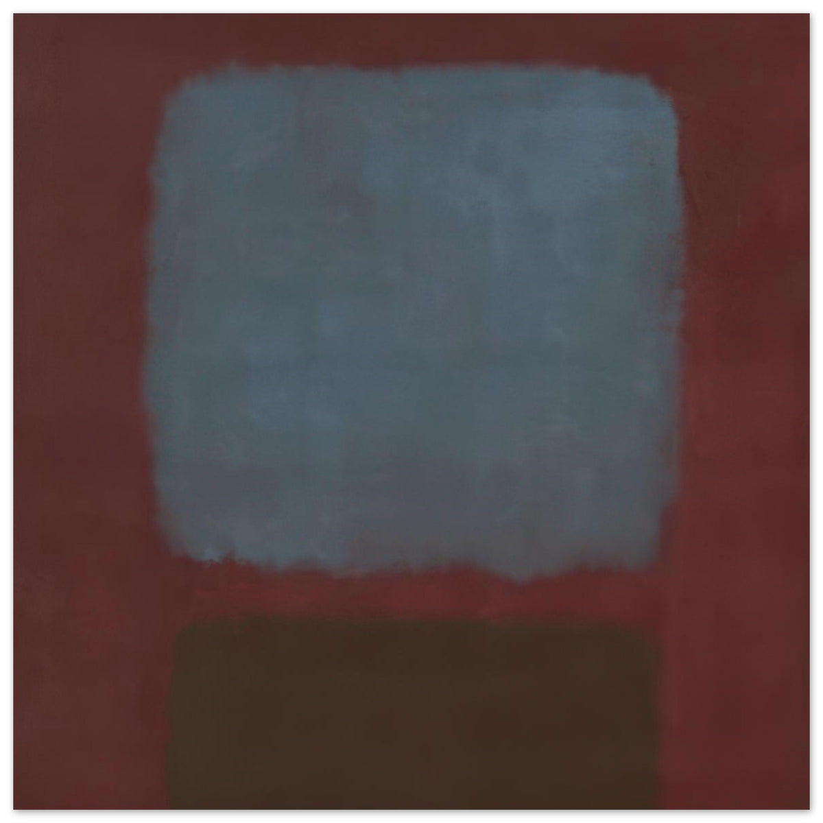 Mark Rothko abstract art poster featuring a muted blue-grey rectangle and dark brown field against a deep burgundy background.