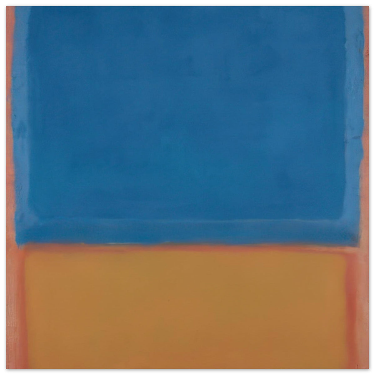 Mark Rothko abstract painting featuring a large deep blue upper field and a warm golden yellow lower field, framed by subtle terracotta edges, minimalist modern wall art.