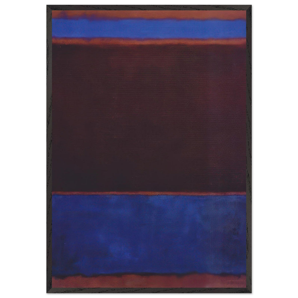 Mark Rothko abstract color field painting featuring deep maroon, cobalt blue, and reddish brown horizontal bands in a black frame.