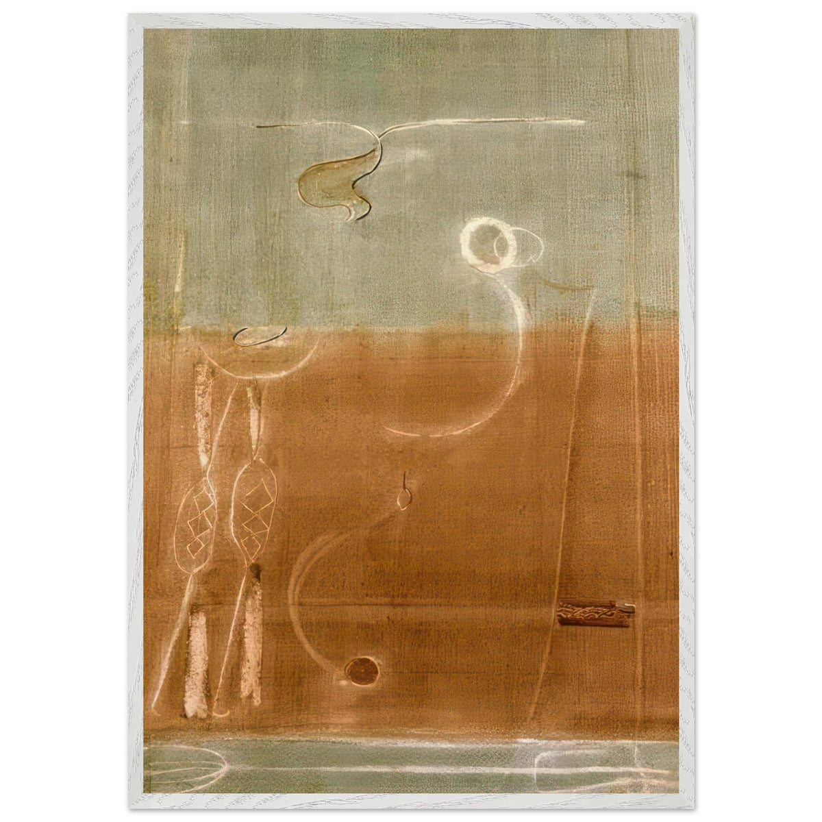 Mark Rothko framed abstract art print featuring muted sage green, ochre brown, beige, and cream tones with delicate abstract line drawings.