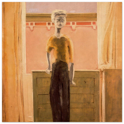 Mark Rothko art poster depicting a standing figure in a warm interior with peach walls, ochre tones, dark brown trousers, and an olive-green cabinet.