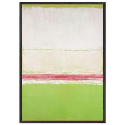 Mark Rothko abstract art print featuring a vivid lime green lower field, soft cream and white horizontal layers, and a muted pink-red band.