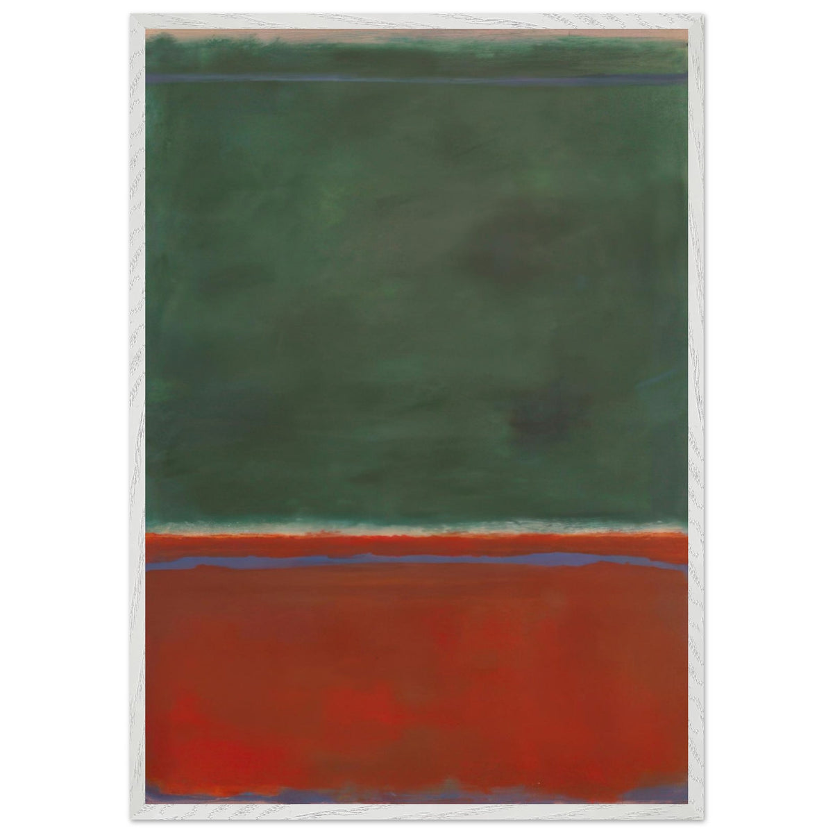 Mark Rothko abstract color field painting featuring a deep green upper field and warm red-orange lower field with thin blue accents, framed modern wall art print.