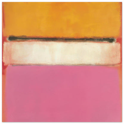 Mark Rothko abstract painting featuring a golden orange upper field, a thin black horizontal line, a soft white band and a large pink lower field, minimalist modern wall art.