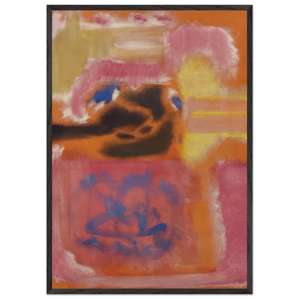 Mark Rothko abstract art print featuring warm orange, dusty pink, golden yellow and deep blue accents with expressive layered brushwork.