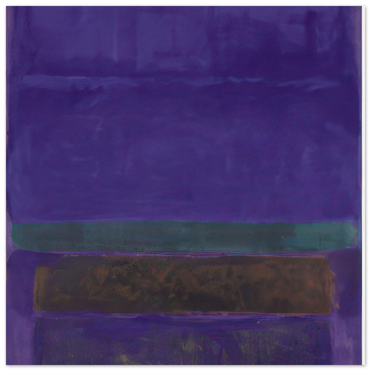 Mark Rothko abstract painting featuring deep purple and indigo color fields with horizontal green and dark brown bands, minimalist modern wall art.