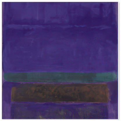 Mark Rothko abstract painting featuring deep purple and indigo color fields with horizontal green and dark brown bands, minimalist modern wall art.