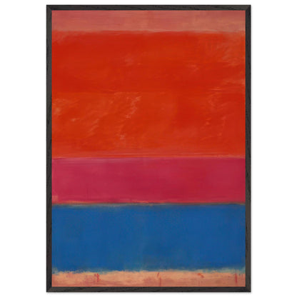 Mark Rothko abstract art print featuring broad red-orange and pink horizontal colour fields above a deep blue band with a soft peach border.