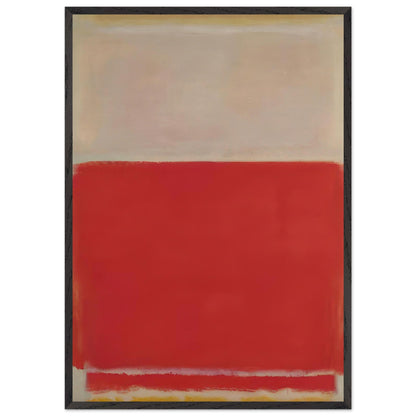 Mark Rothko abstract color field painting featuring a bold red rectangle beneath a soft beige upper field, with subtle warm tones in a black frame.