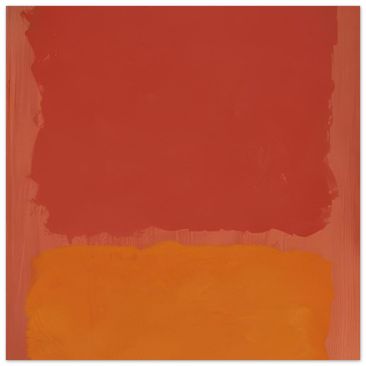 Mark Rothko abstract painting featuring a large deep red rectangular field above a vibrant orange lower band, set against a muted terracotta background, minimalist modern wall art.