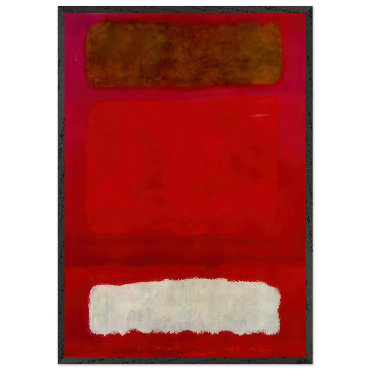 Mark Rothko abstract art print featuring rich crimson red tones, a dark brown upper rectangle and a soft white horizontal field at the bottom.