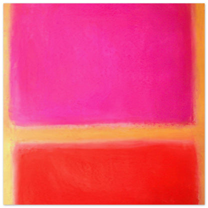 Mark Rothko Untitled color field painting featuring a vibrant magenta rectangle above a bold red field, framed by warm yellow and orange tones.