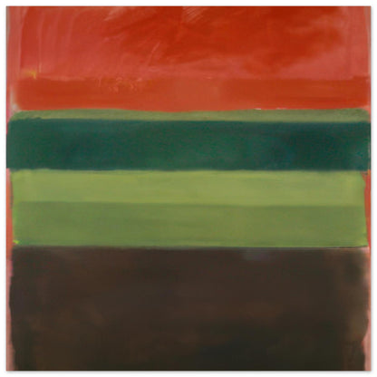 Mark Rothko Untitled abstract painting featuring horizontal bands of red, dark green, light green, and deep brown in a minimalist color field composition.