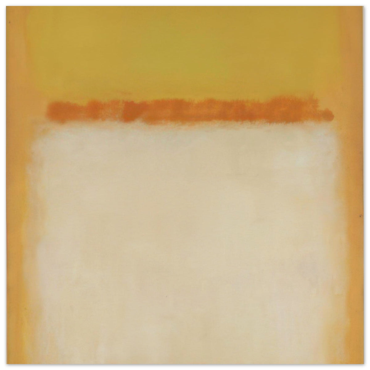 Mark Rothko Untitled abstract painting featuring a soft white center, golden yellow background, and horizontal orange brushstroke.