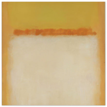 Mark Rothko Untitled abstract painting featuring a soft white center, golden yellow background, and horizontal orange brushstroke.