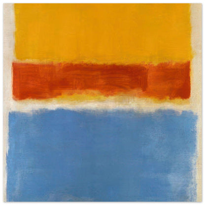 Mark Rothko abstract painting featuring a golden yellow upper field, a warm burnt orange horizontal band and a large blue lower field, minimalist modern wall art.