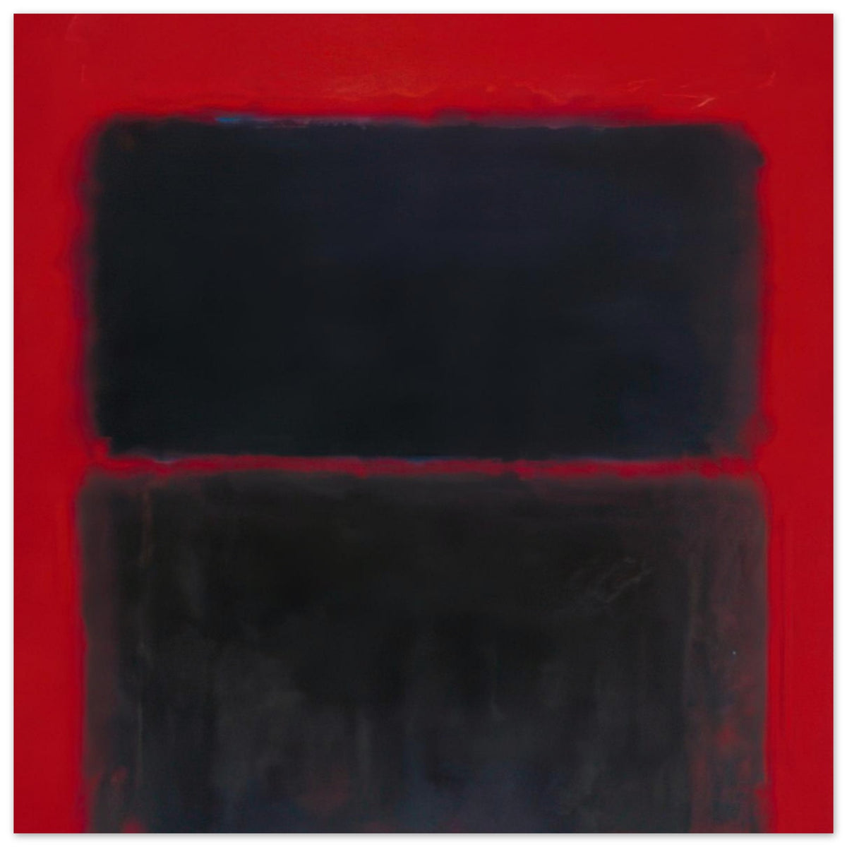 Mark Rothko abstract art poster featuring a vivid crimson red background with two layered dark charcoal and black rectangular colour fields, creating a bold minimalist Color Field composition for modern wall art.