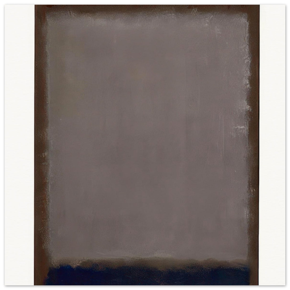 Mark Rothko abstract art poster featuring a muted taupe and warm grey colour field, dark brown borders, and a deep navy blue lower band, minimalist Color Field artwork for contemporary wall art.