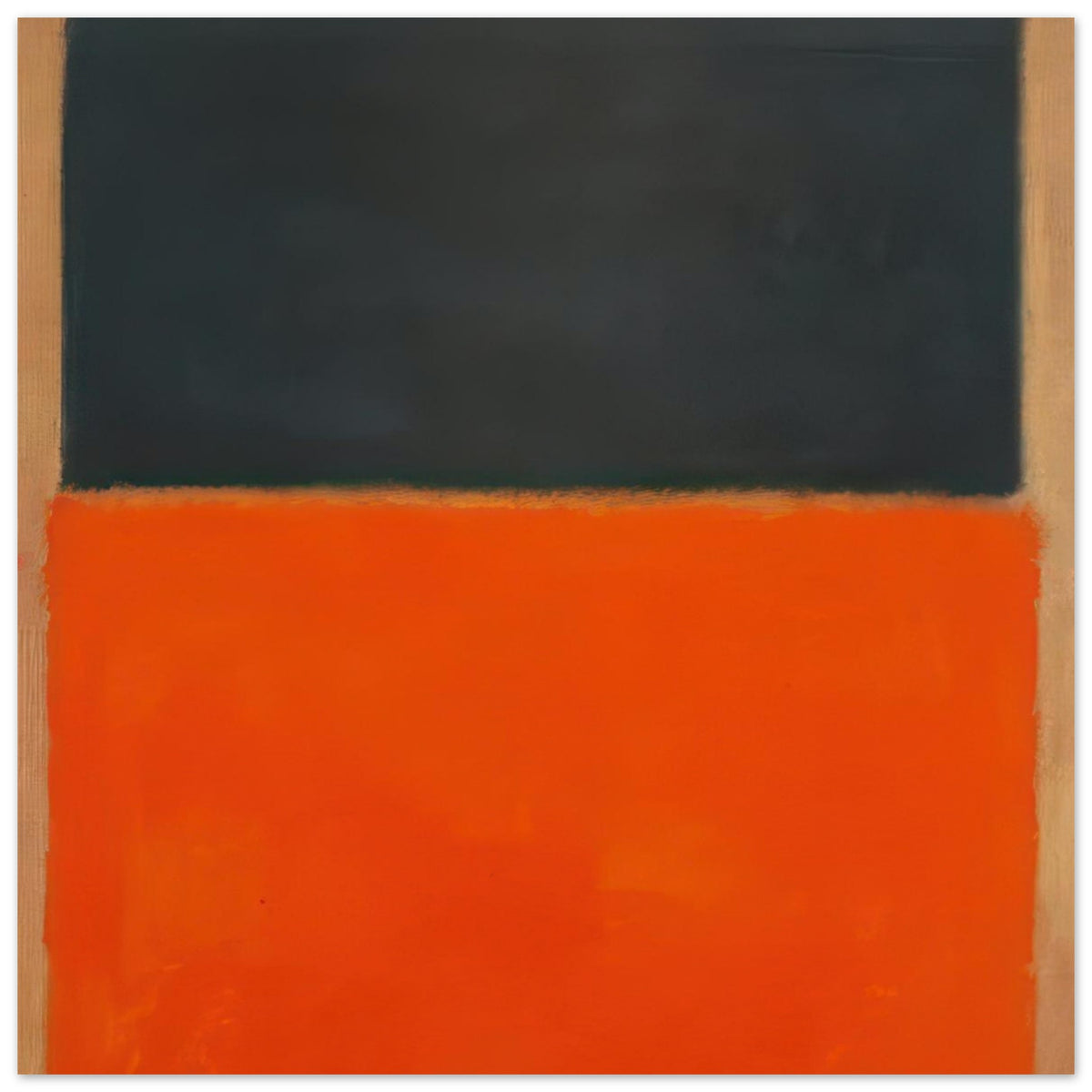 Mark Rothko abstract art poster featuring a deep charcoal black upper colour field and vibrant burnt orange lower field, framed by warm beige tones in a minimalist Color Field composition.