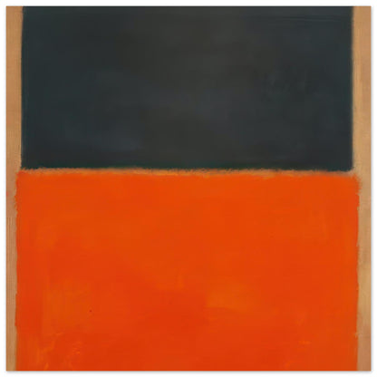 Mark Rothko abstract art poster featuring a deep charcoal black upper colour field and vibrant burnt orange lower field, framed by warm beige tones in a minimalist Color Field composition.