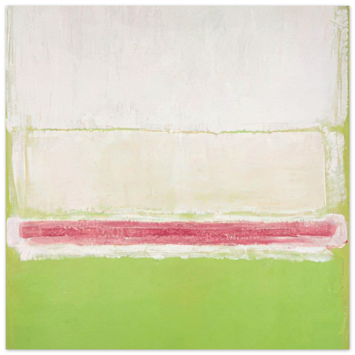 Mark Rothko abstract art poster featuring soft cream and ivory tones, a horizontal dusty pink and rose-red band, and vibrant lime green colour fields in a minimalist Color Field composition.
