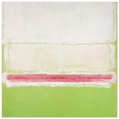 Mark Rothko abstract art poster featuring soft cream and ivory tones, a horizontal dusty pink and rose-red band, and vibrant lime green colour fields in a minimalist Color Field composition.